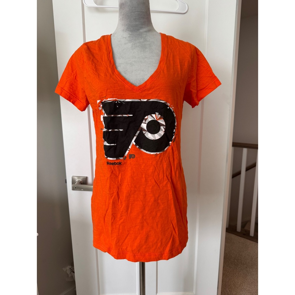 Reebok Philadelphia NHL Flyers Womens XL Orange V-Neck Graphic T-Shirt EUC
